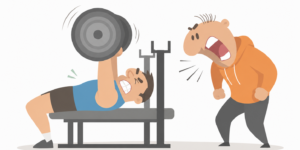 Gym bench press with coach spotting